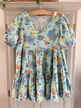 a.n.a Floral Babydoll Tiered Mini Dress | Blue Orange‎ Cotton| Petite Small